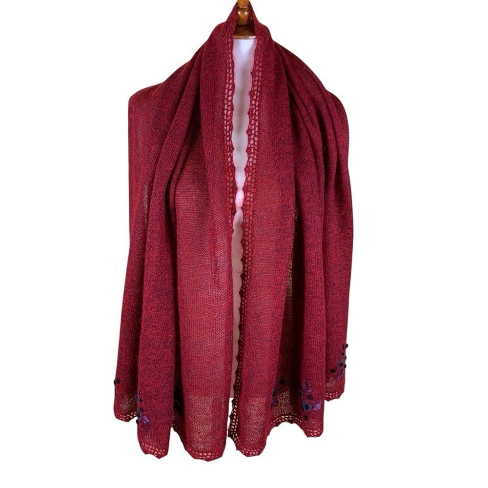 Red Knit Floral Embroidered Lace Trim Shawl Wrap Boho Lightweight Scarf Mohair
